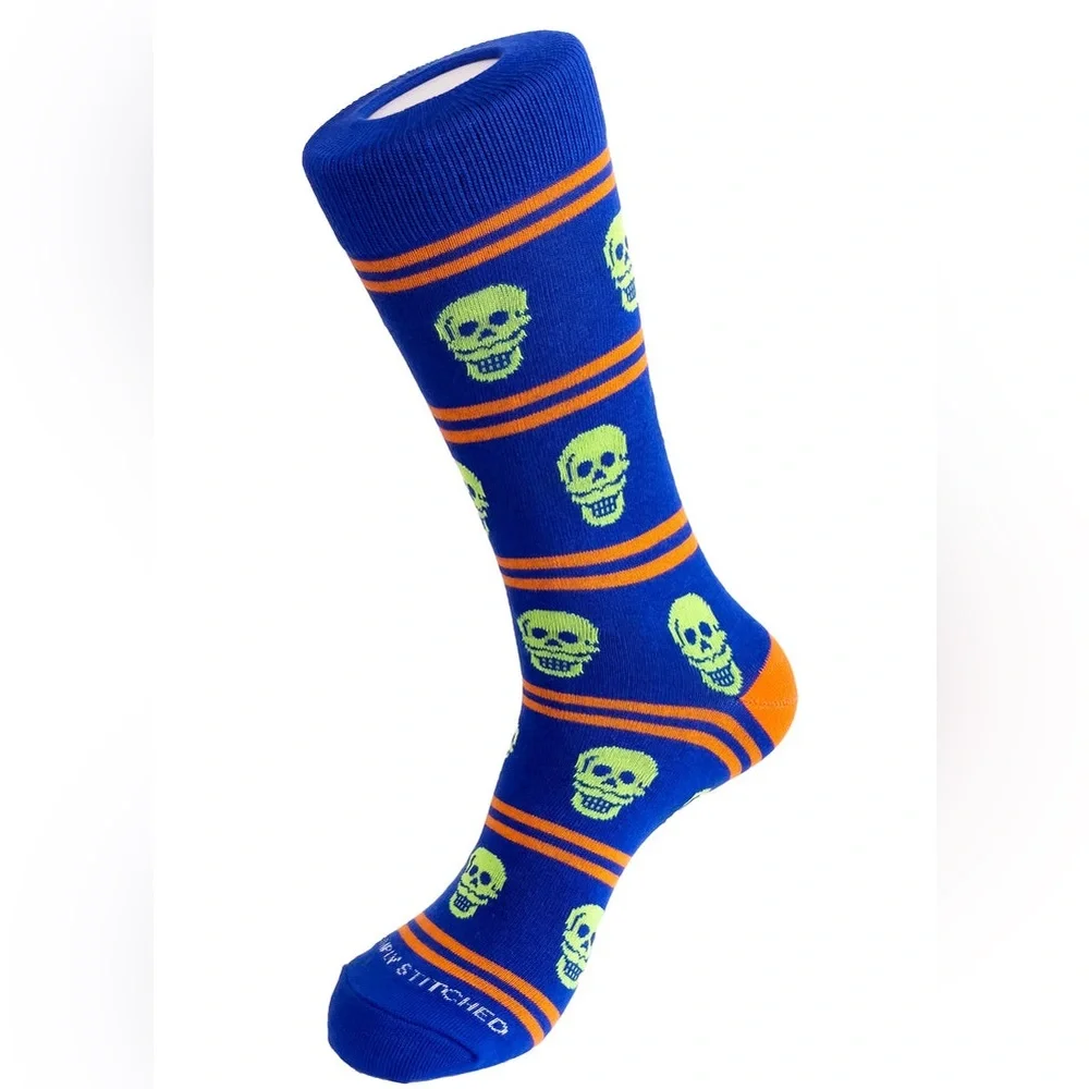UNSIMPLY STITCHED MENS MUSTACHE SKULL NEON SOCKS BLUE GREEN ORANGE OS NWT